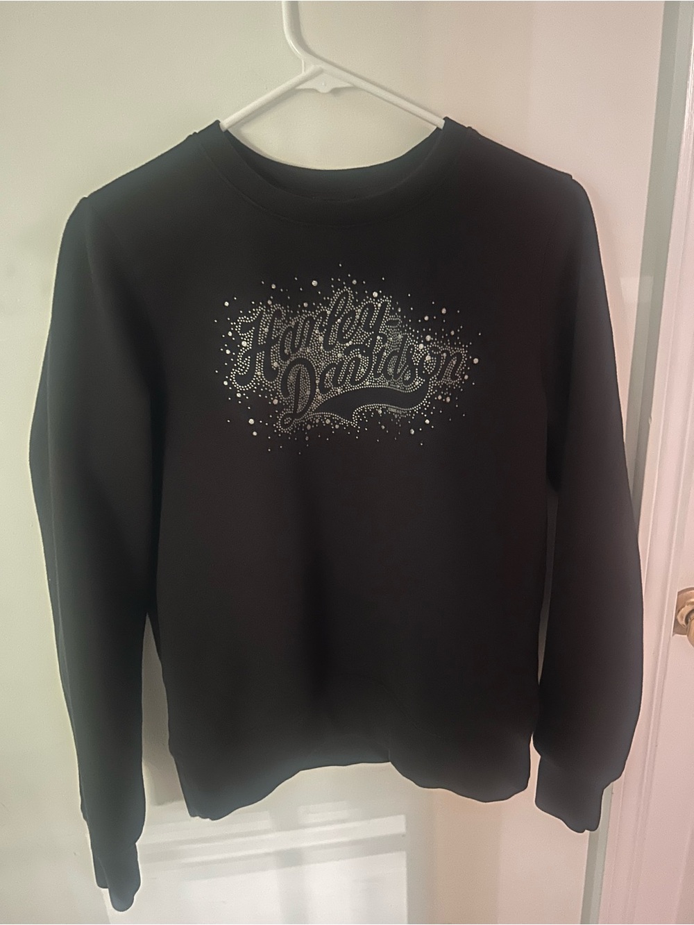 Harley-Davidson Black Crewneck with Silver Rhinestone Script
